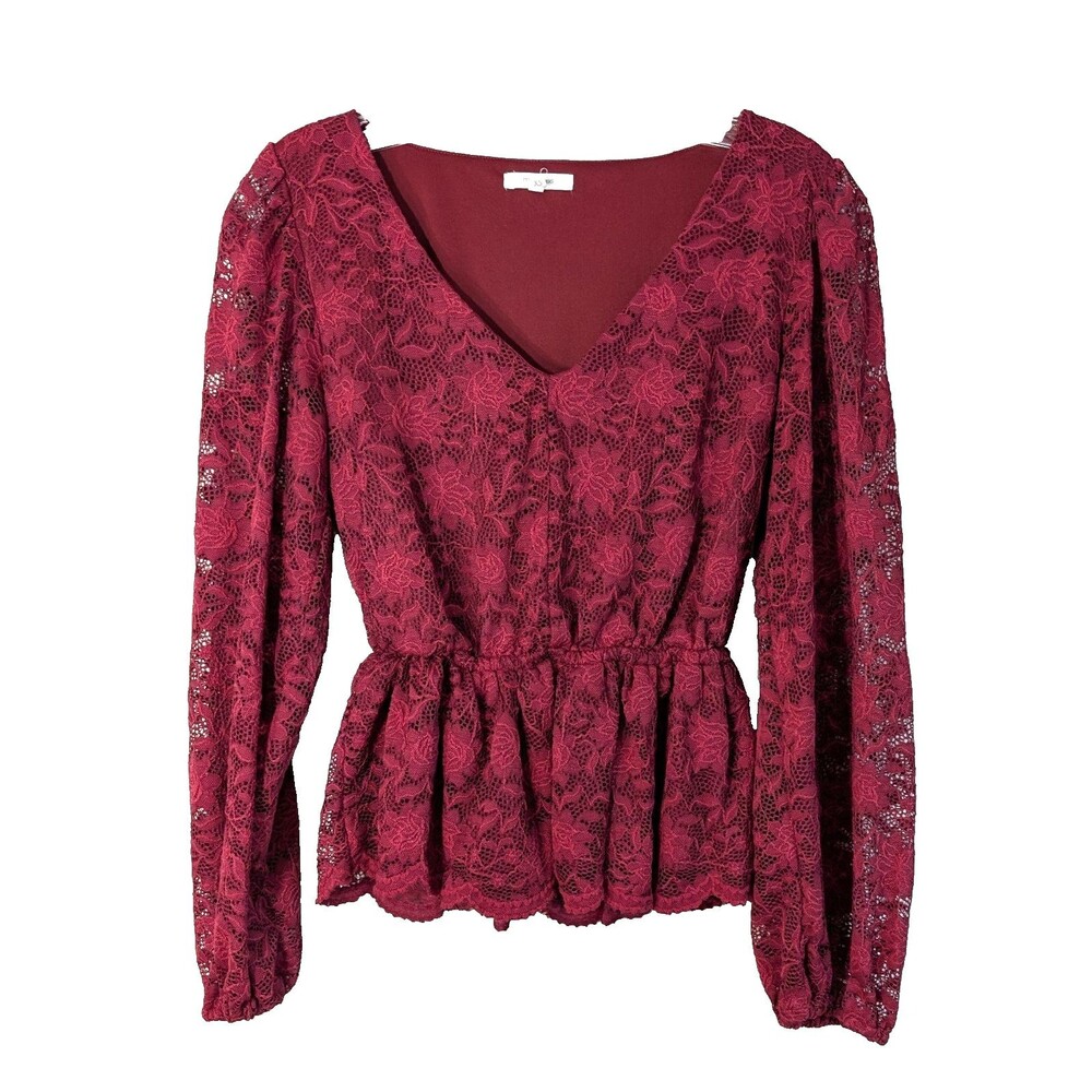 Maurices Woman's Blouse XS Burgundy Floral Lace Peplum Lined Festive Holiday
